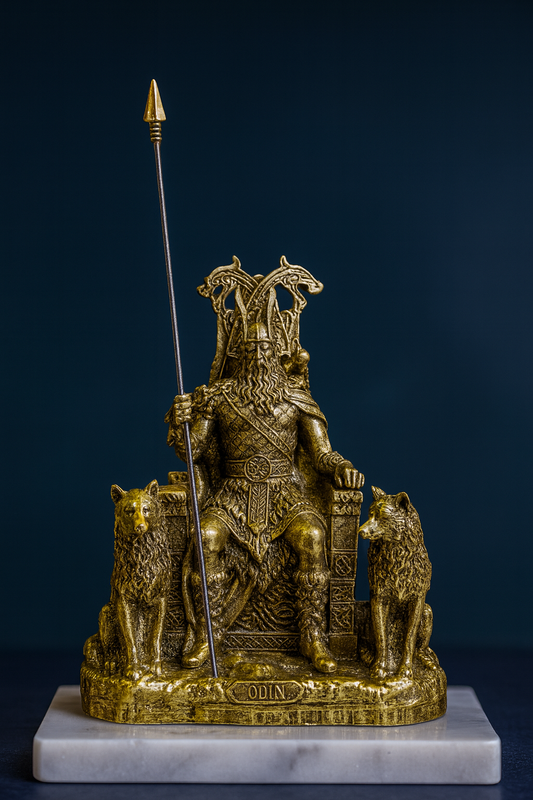 Odin Norse God Statue with Wolves – Viking Mythology Figurine, Nordic Home Decor