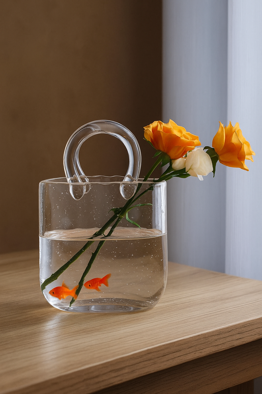 Large Glass Vase for Flowers, Juice, or Fish – Unique Handbag Style Home Decoration