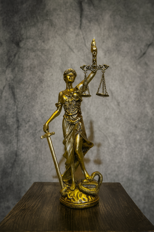 Themis Statue – Blindfolded Goddess of Justice with Scales and Sword